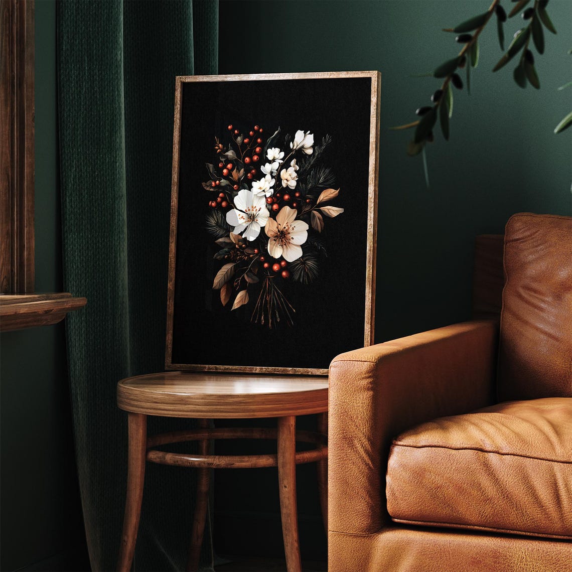 Dark Moody Winter Flower Bouquet Poster Christmas Botanical Art - Image 5