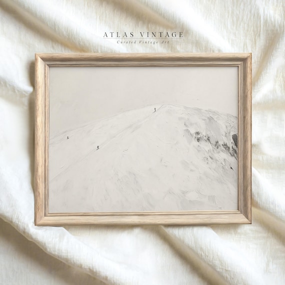 Minimalist Snowy Mountain Skiers White Winter Landscape Painting Wall Art