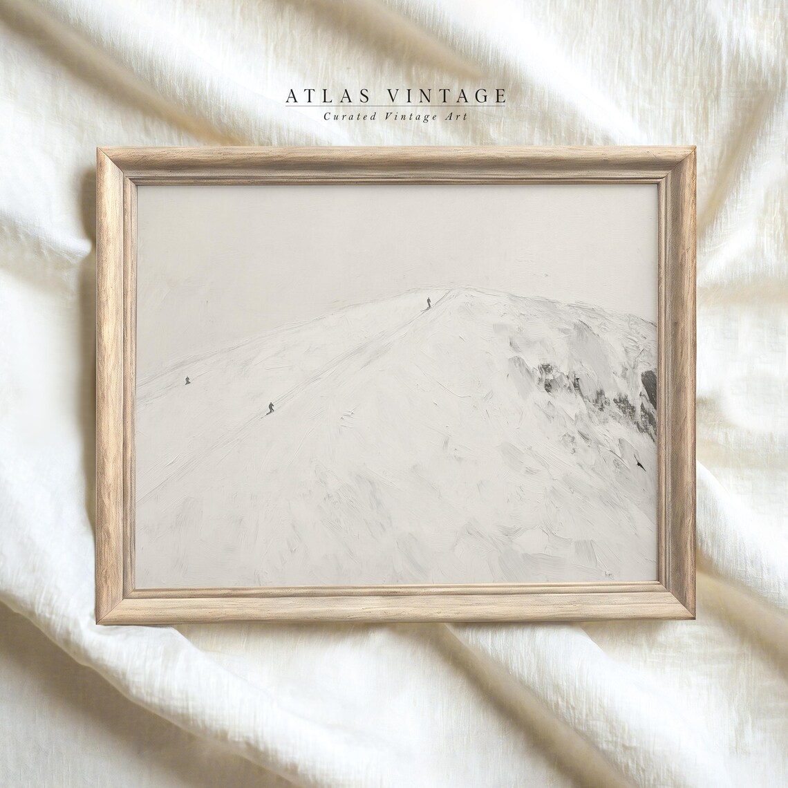 Minimalist Snowy Mountain Skiers White Winter Landscape Painting Wall Art