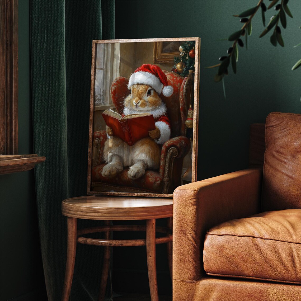 Cute Bunny Reading Book in Santa Hat Christmas Nursery Poster - Image 4