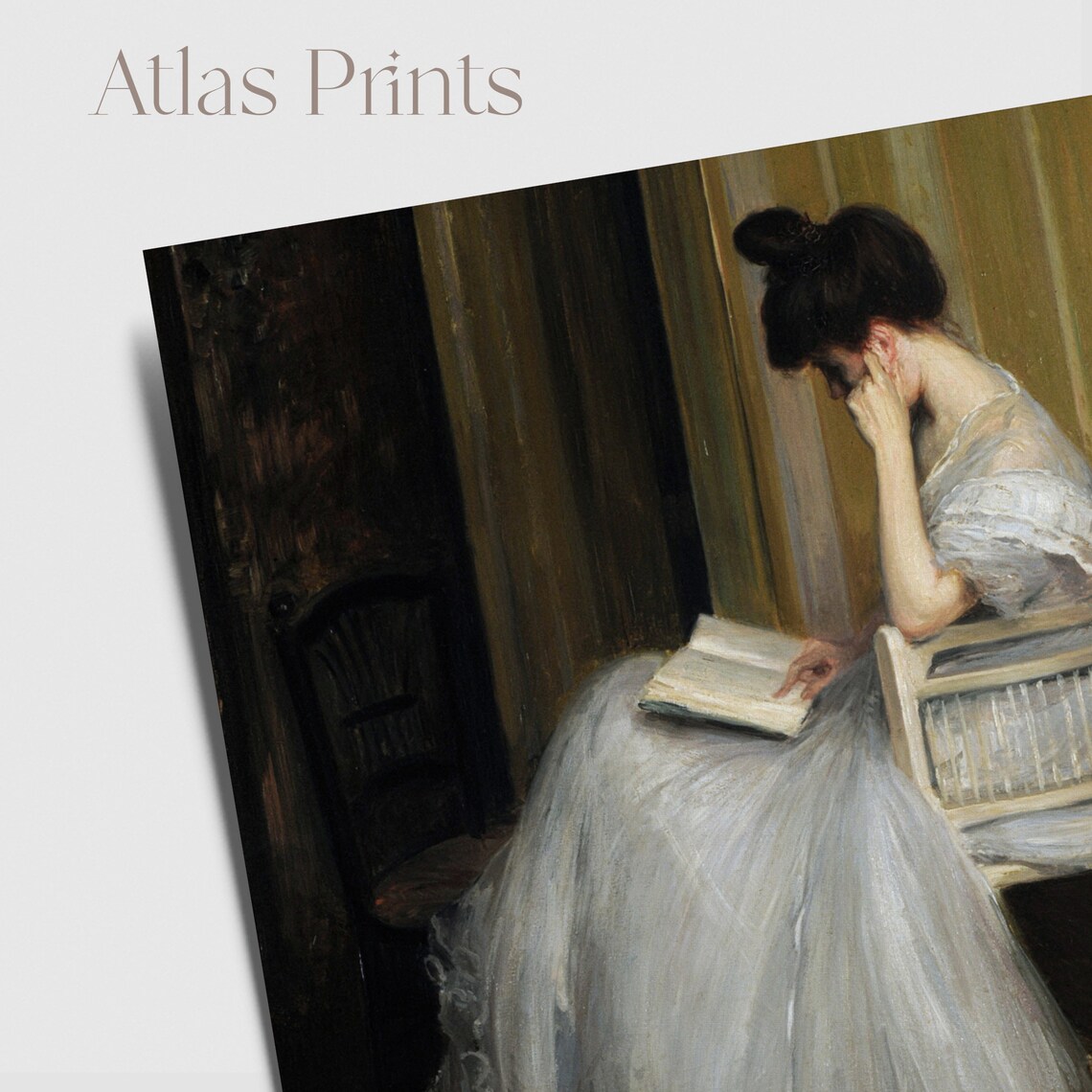 Vintage Woman Reading Book Portrait Moody White Dress Interior Poster - Image 7