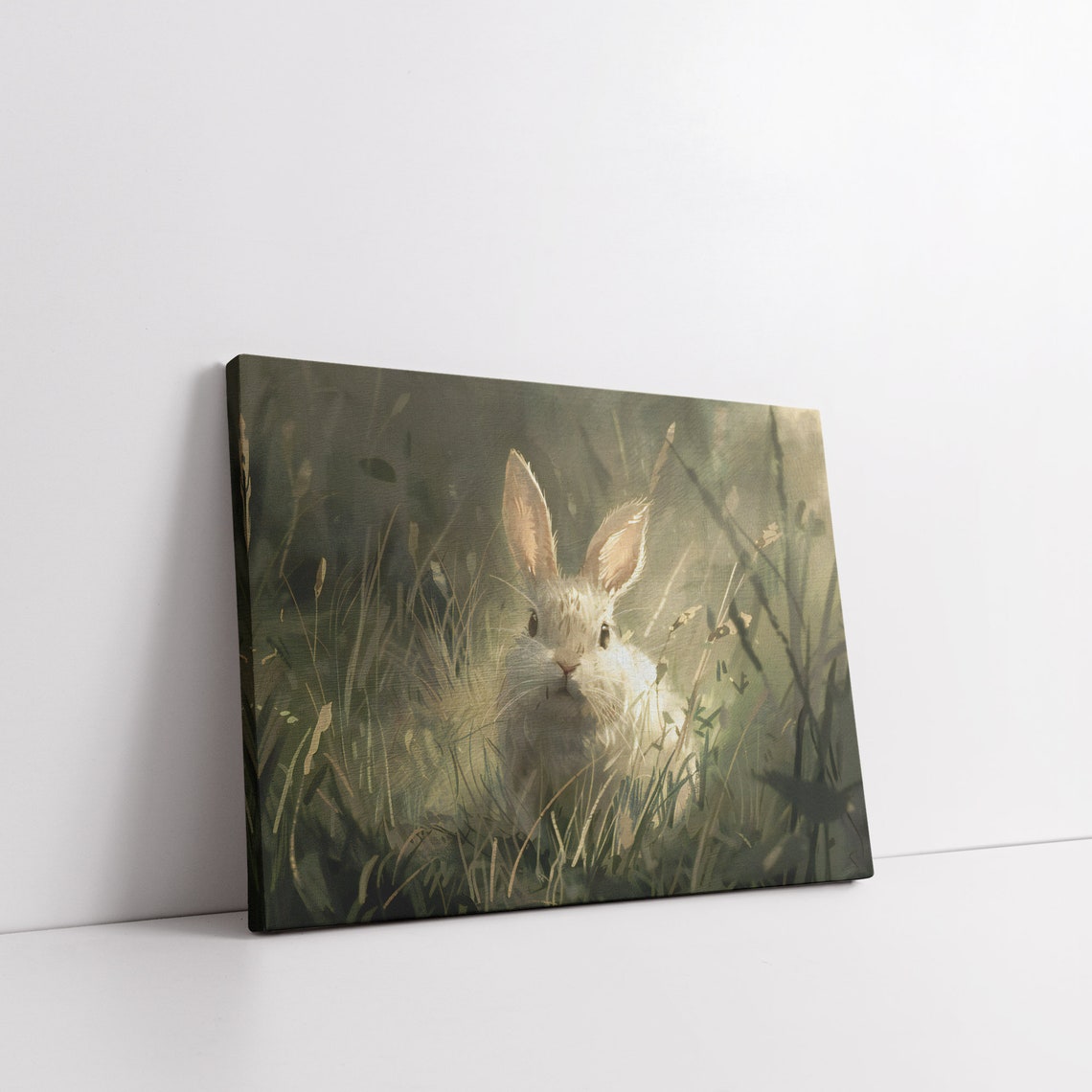 White Rabbit Resting in Sunlit Meadow Wild Grass Nature Poster - Image 6