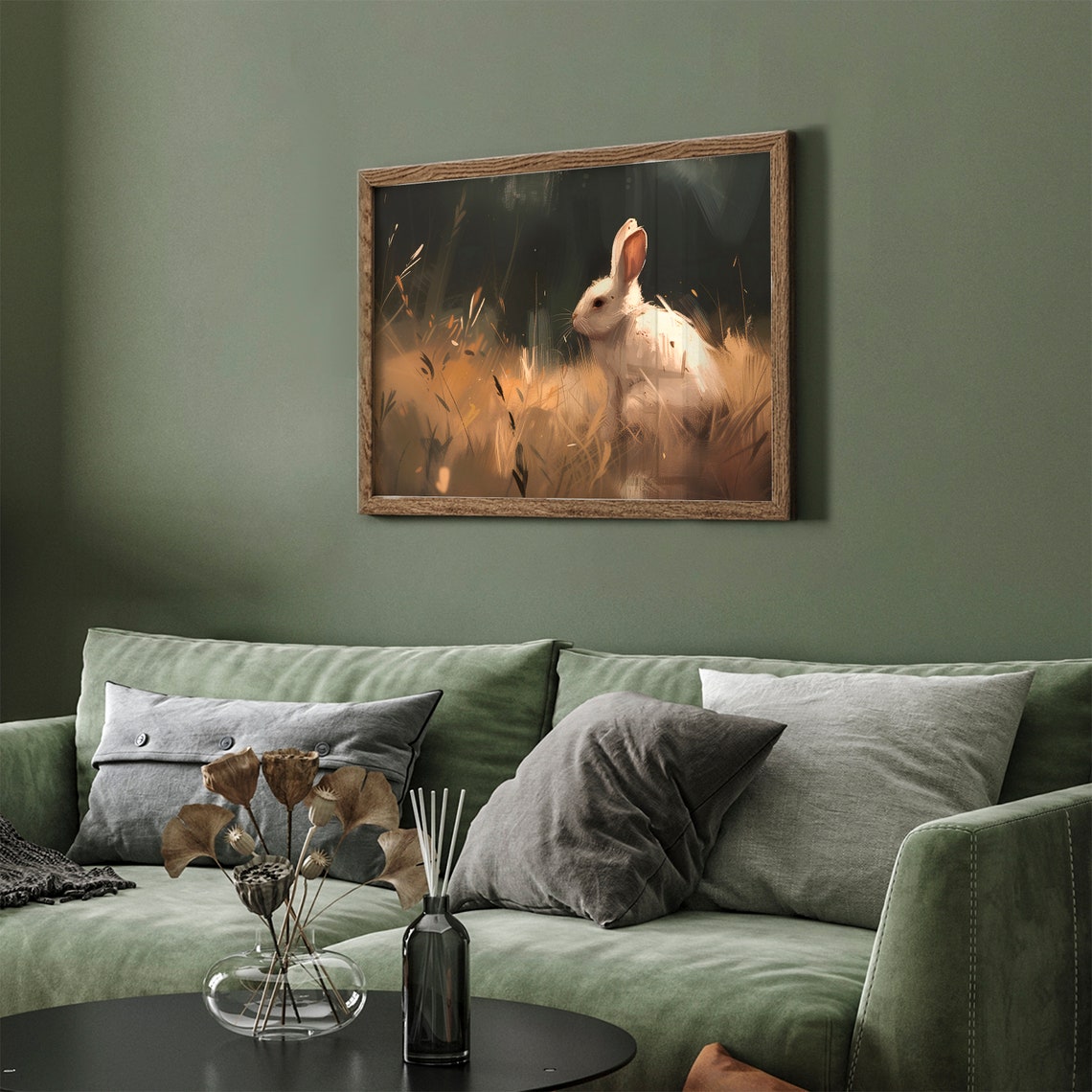 White Bunny Golden Grass Moody Spring Rabbit Vintage Painting Poster - Image 3