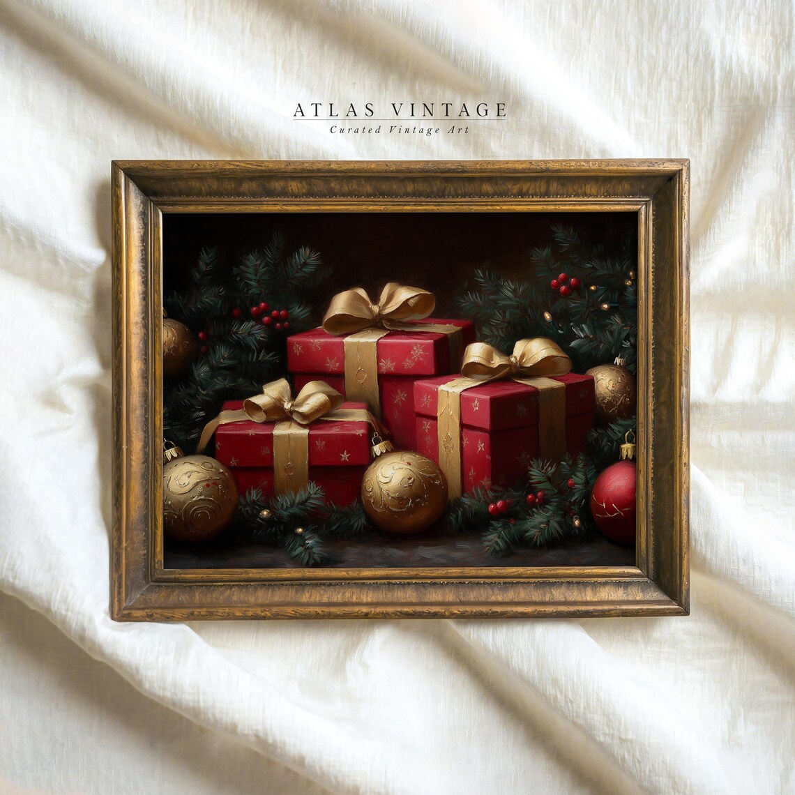 Red Christmas Gifts Gold Bows Vintage Holiday Still Life Poster