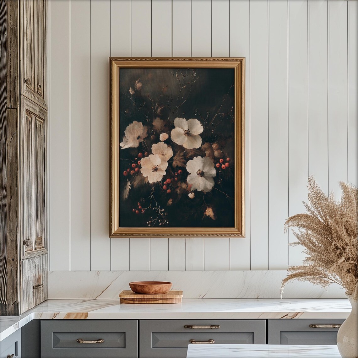 Dark Moody Winter Flower Painting Poster Vintage Christmas Floral - Image 4