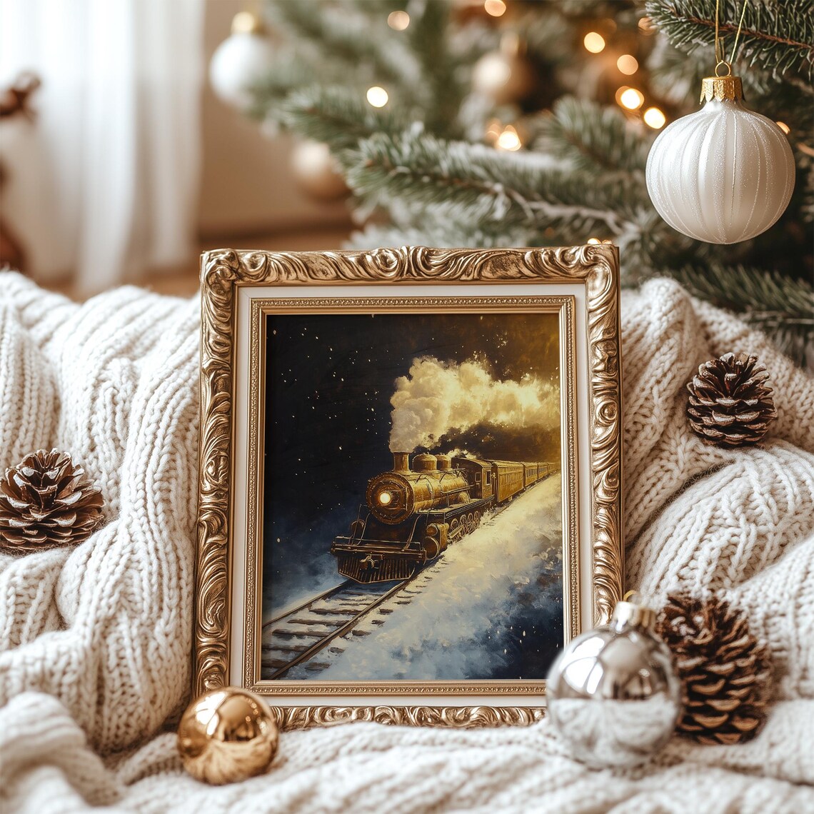 Vintage Golden Steam Train Night Poster Snowy Winter Railway Scene - Image 7