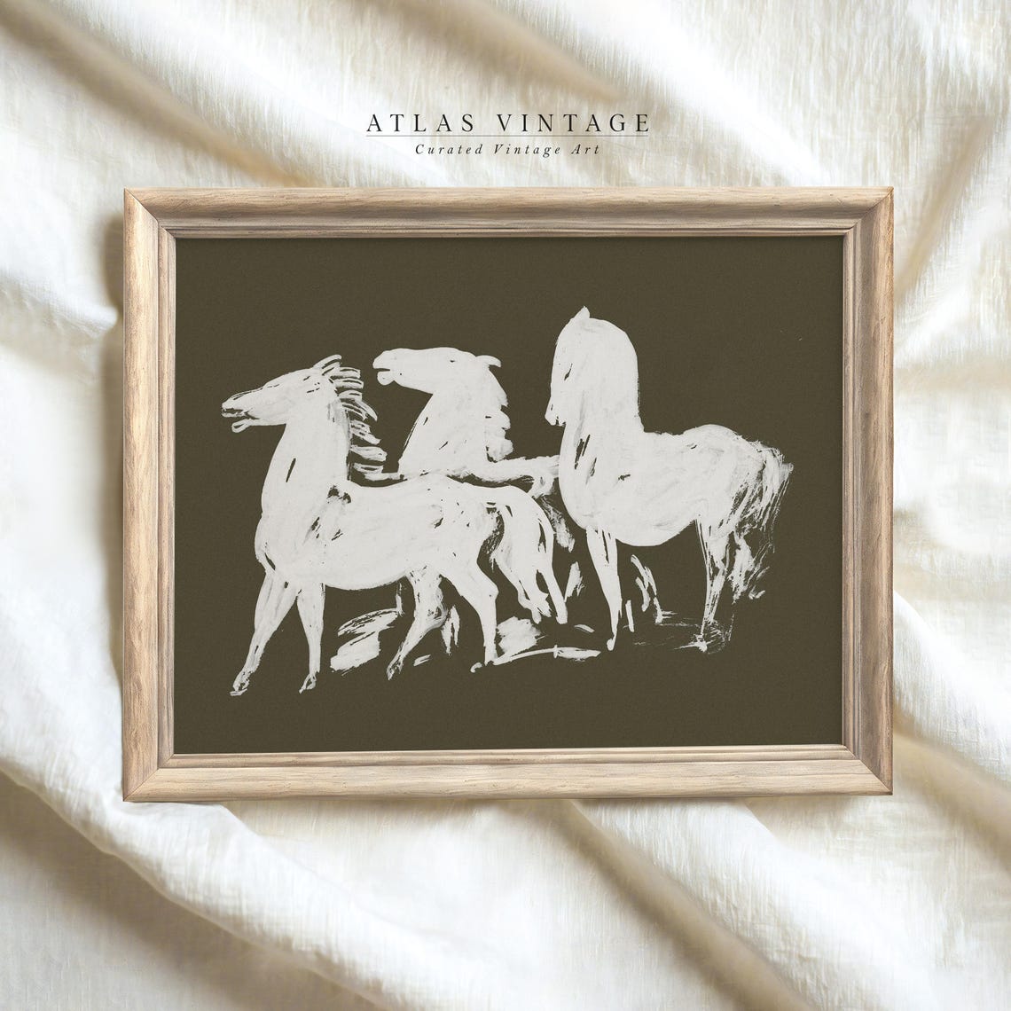 Three White Horses Sketch on Dark Olive Equestrian Vintage Wall Art - Image 6
