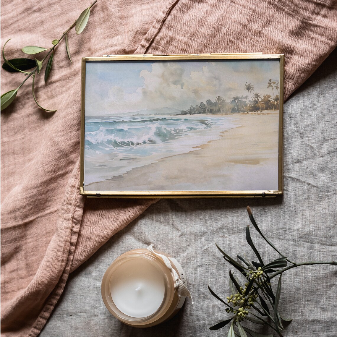Tropical Beach Watercolor Palm Trees Soft Neutral Ocean Poster - Image 2