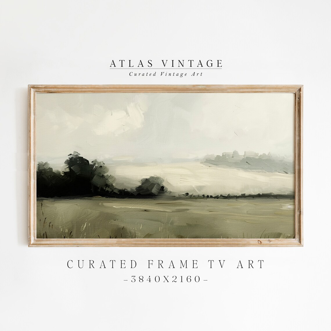 Misty Green Field Dark Trees Moody Landscape Painting Frame TV Wall Art