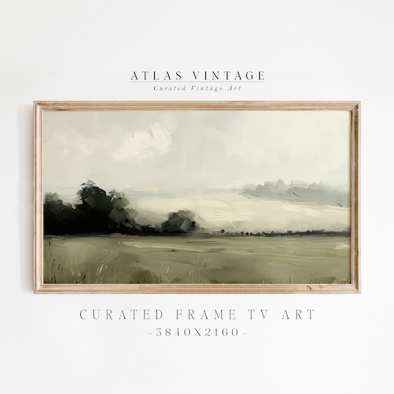 Misty Green Field Dark Trees Moody Landscape Painting Frame TV Wall Art
