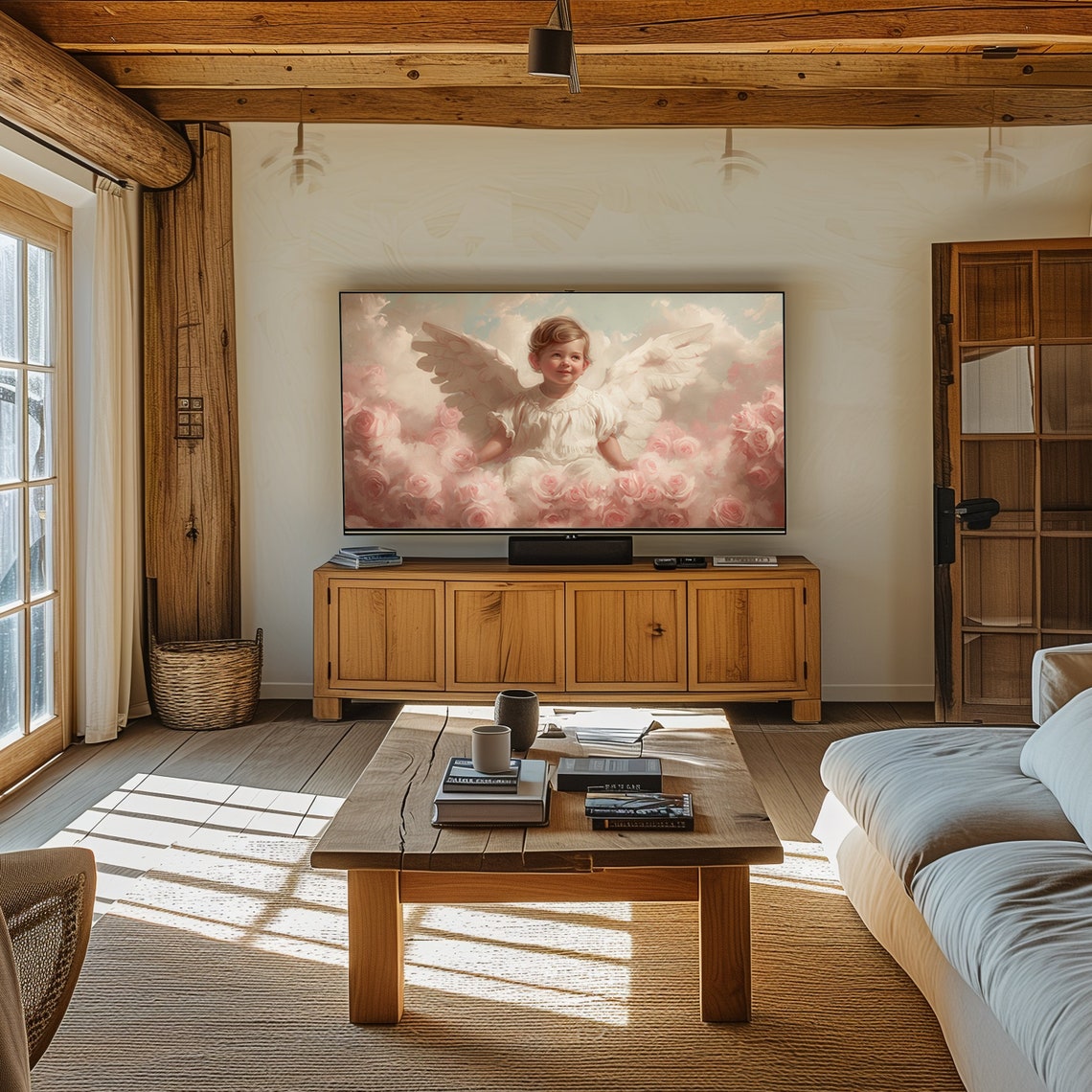 Cupid Angel Child Among Pink Roses Vintage Romance Frame TV Wall Art - Image 6