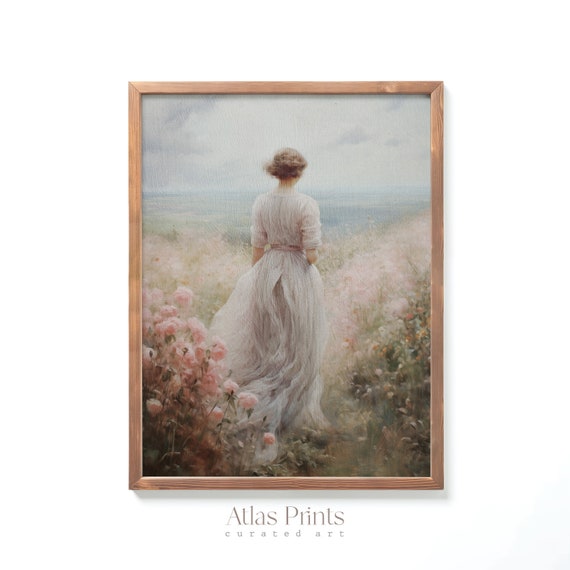 Woman In Wildflower Field Print Spring Vintage Prints Moody Meadow Wall Art Rustic Farmhouse Summer Dcor