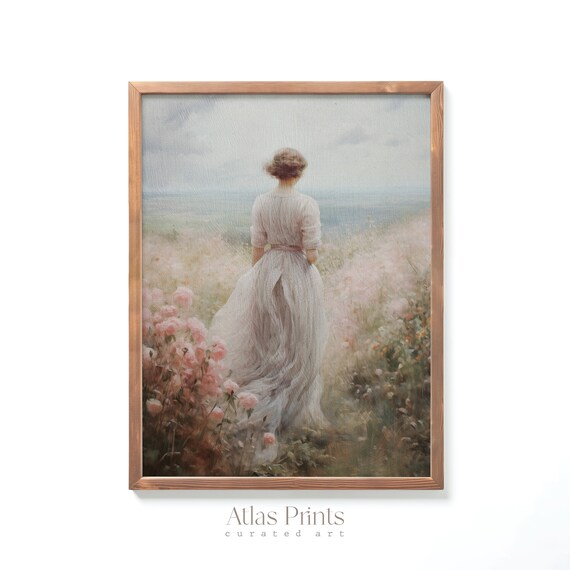 Woman Wildflower Field Painting Spring Romantic Cottage Art Poster