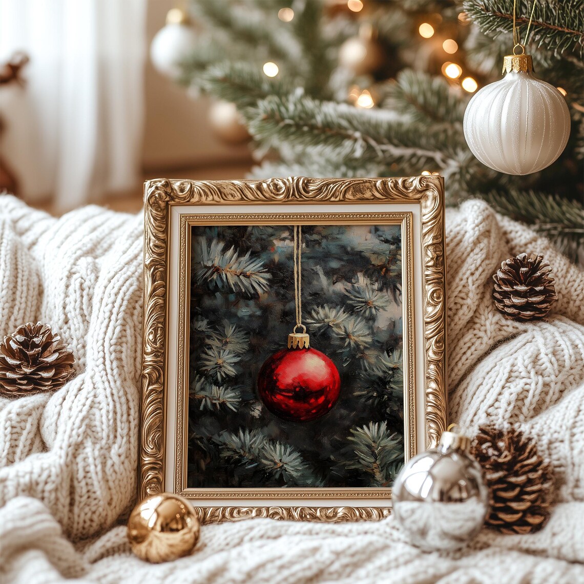 Red Christmas Bauble on Snowy Pine Vintage Oil Painting Poster - Image 7