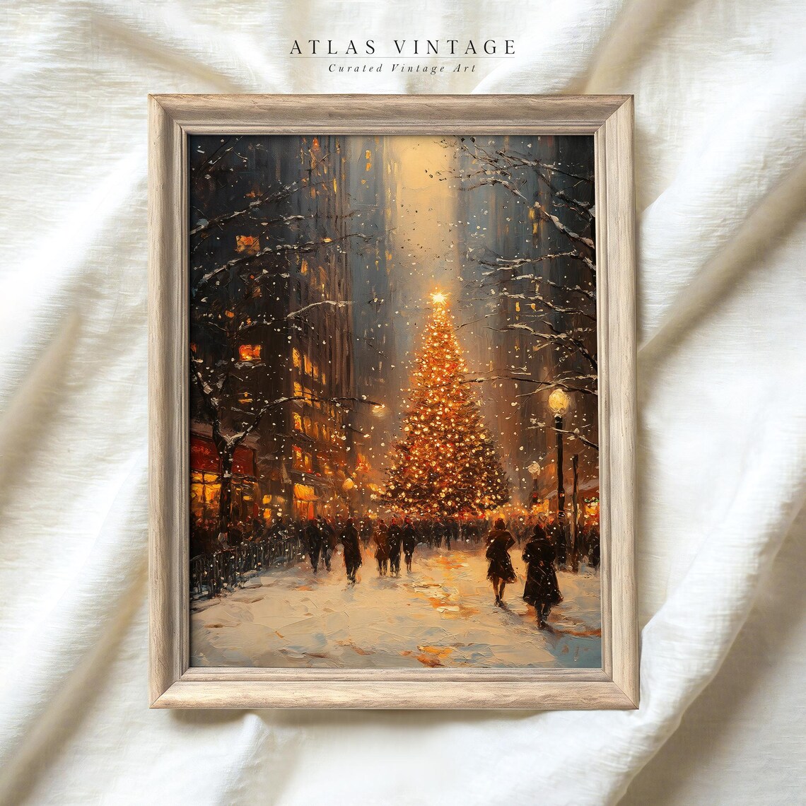 Glowing Christmas Tree City Night Vintage Winter Holiday Street Print - Image 3