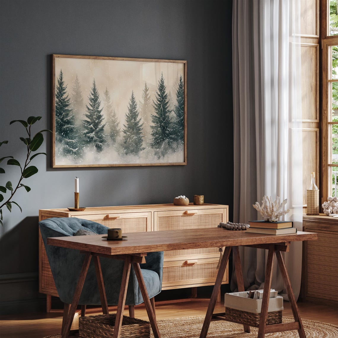 Snowy Evergreen Forest Falling Snow Neutral Winter Scene Poster - Image 3