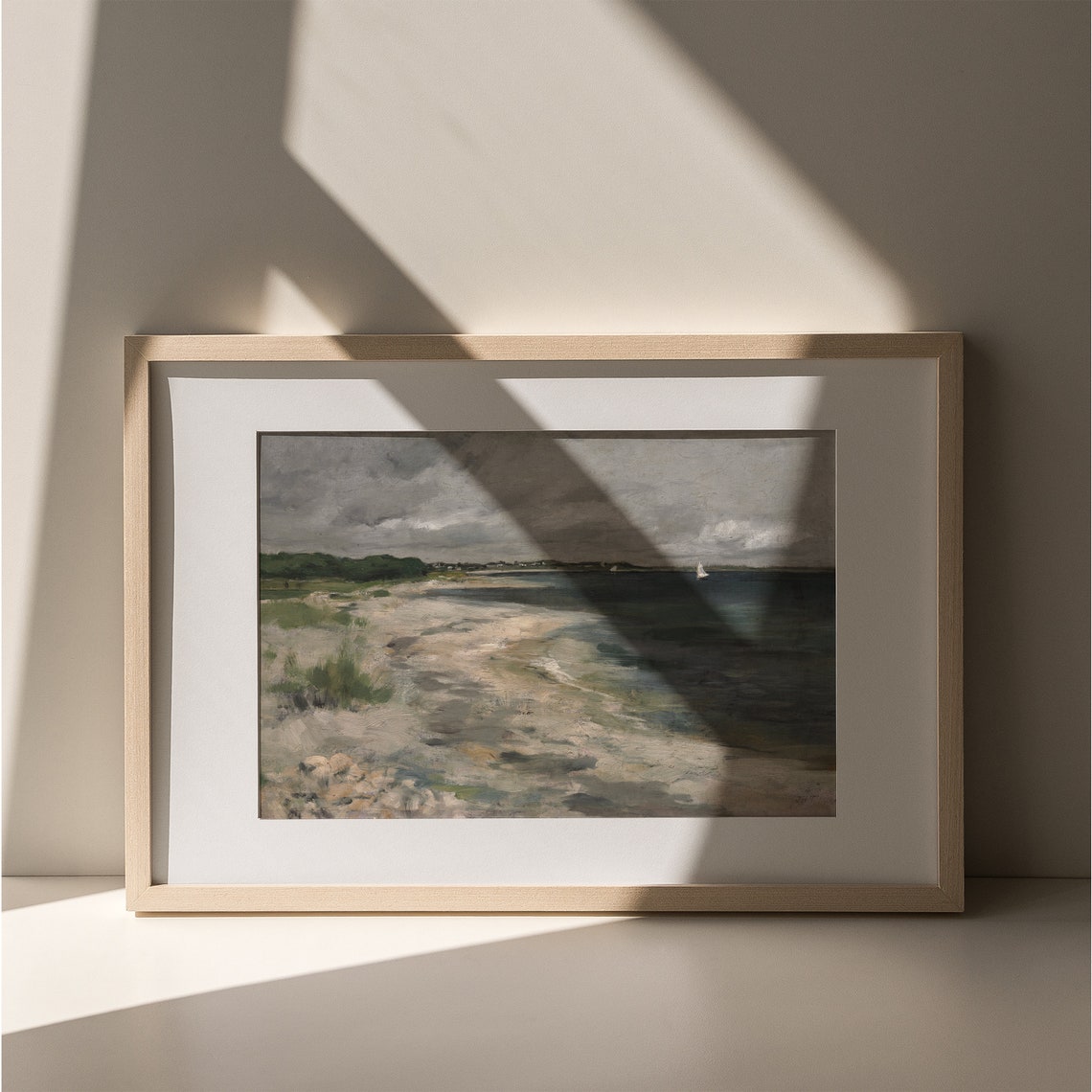 Vintage Beach Seascape with Sailboats under Cloudy Sky Poster - Image 3