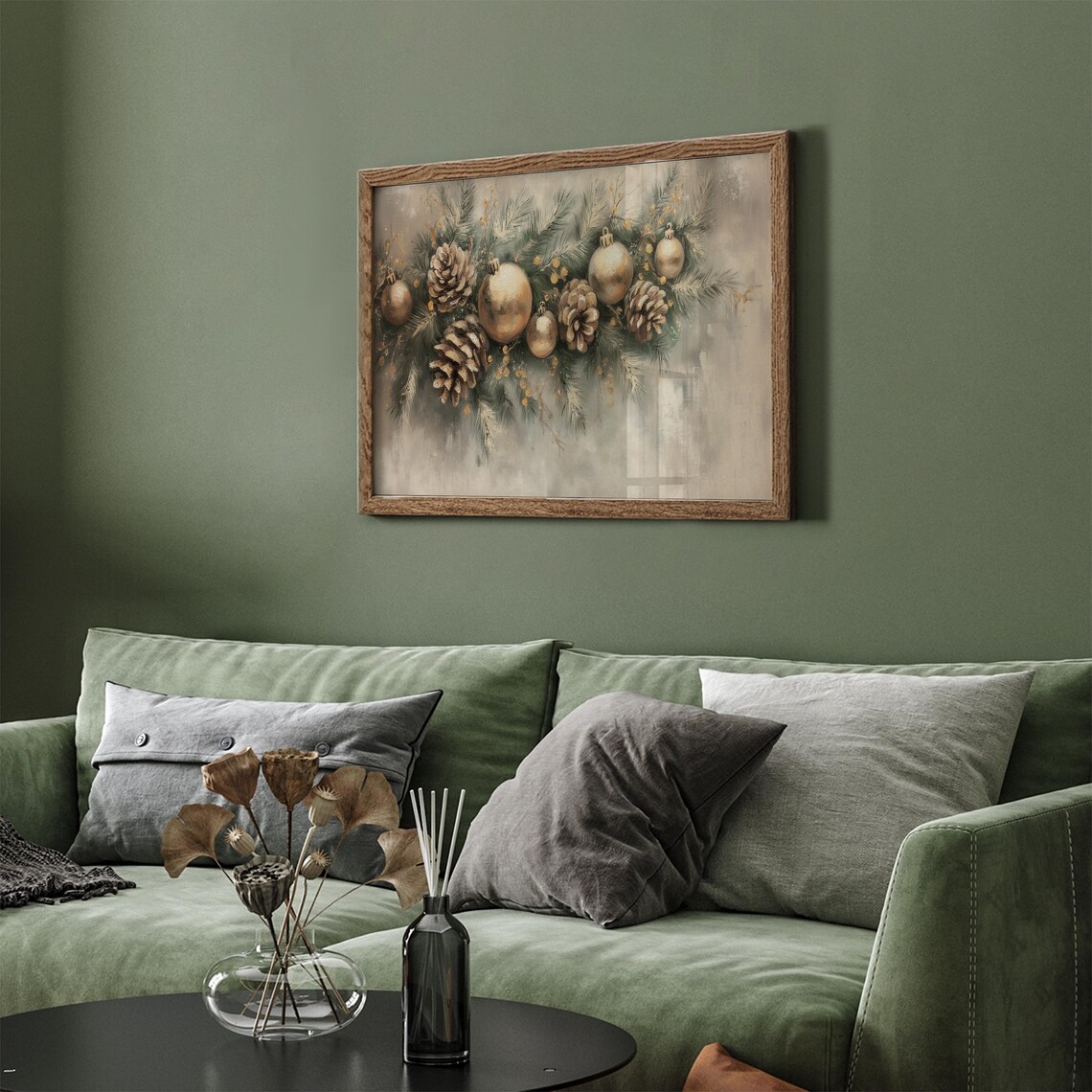 Vintage Christmas Garland Pinecones Gold Ornaments Winter Poster - Image 5