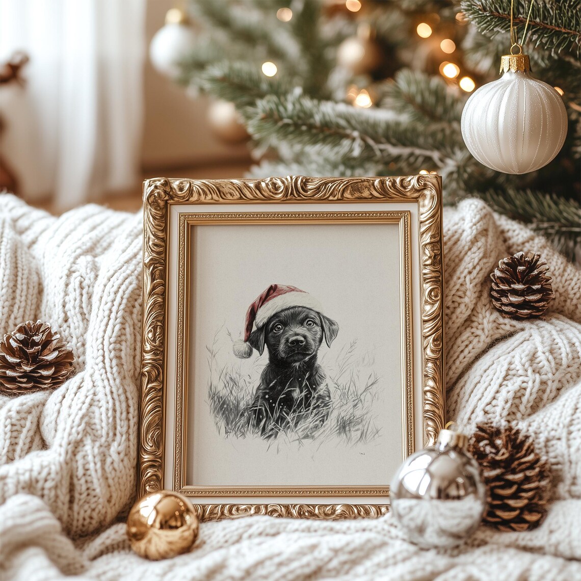Black Puppy in Santa Hat Christmas Sketch Poster Cute Dog Portrait - Image 2