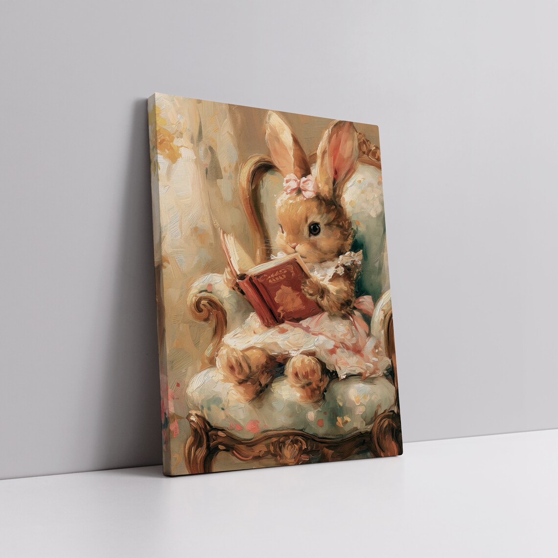 Vintage Bunny Reading a Book Print Cute Rabbit Oil Painting Nursery Wall Decor - Image 4