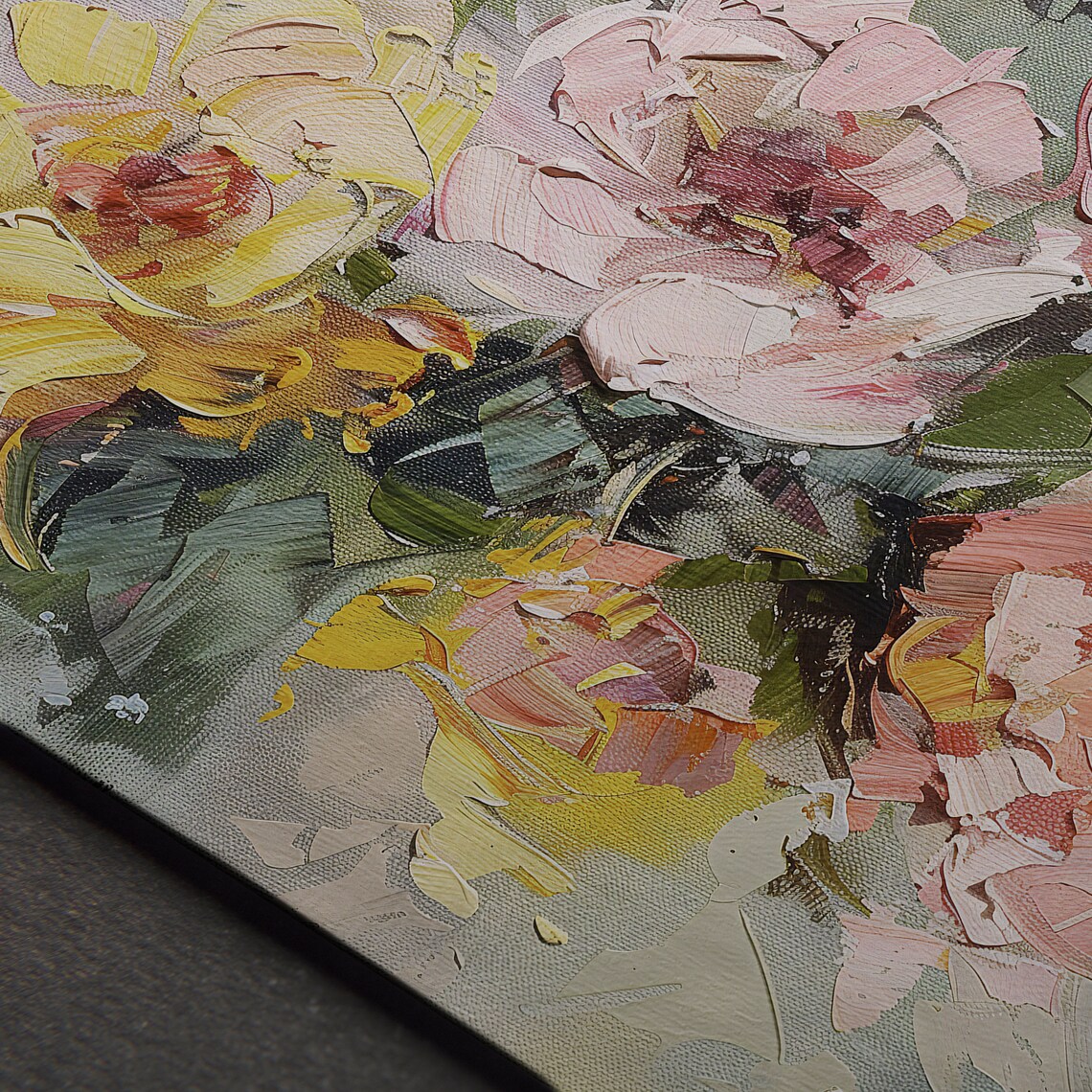 Colorful Pink and Yellow Peonies Impasto Floral Painting Poster - Image 5