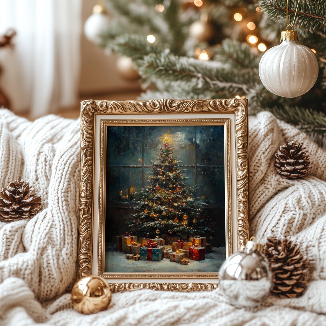 Cozy Christmas Tree with Gifts by Frosty Window Painting Poster - Image 7
