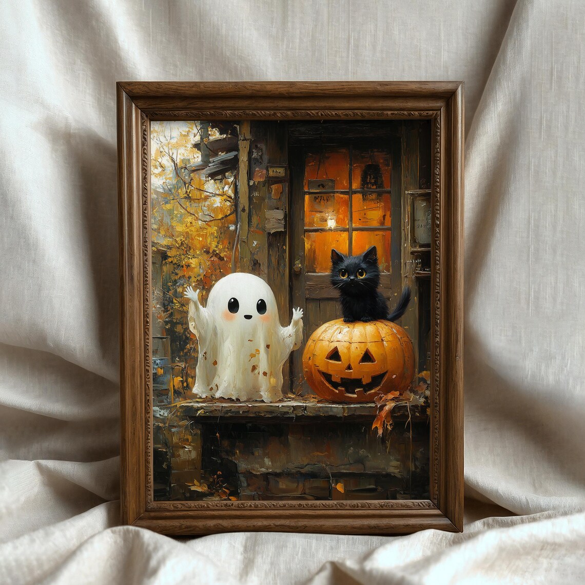 Cute Ghost Black Cat and Jack O Lantern Halloween Porch Painting Art Poster - Image 6