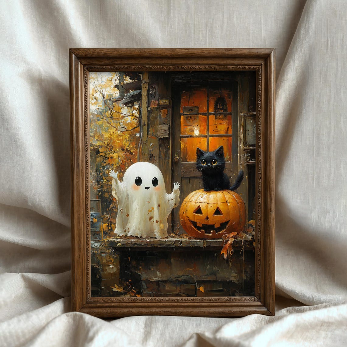 Vintage Cute Ghost Black Cat Pumpkin Halloween Print Spooky Ghost Painting Autumn Wall Art Dark Funny Fall Decor - Image 6