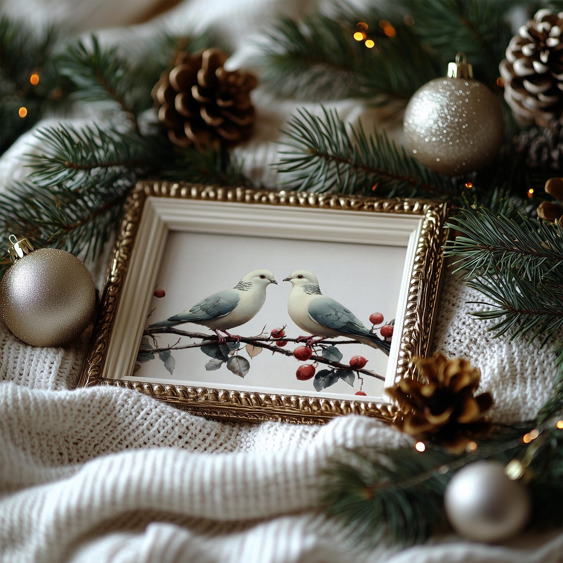 Two Doves on Winter Berry Branch Facing Each Other Art Poster - Image 7