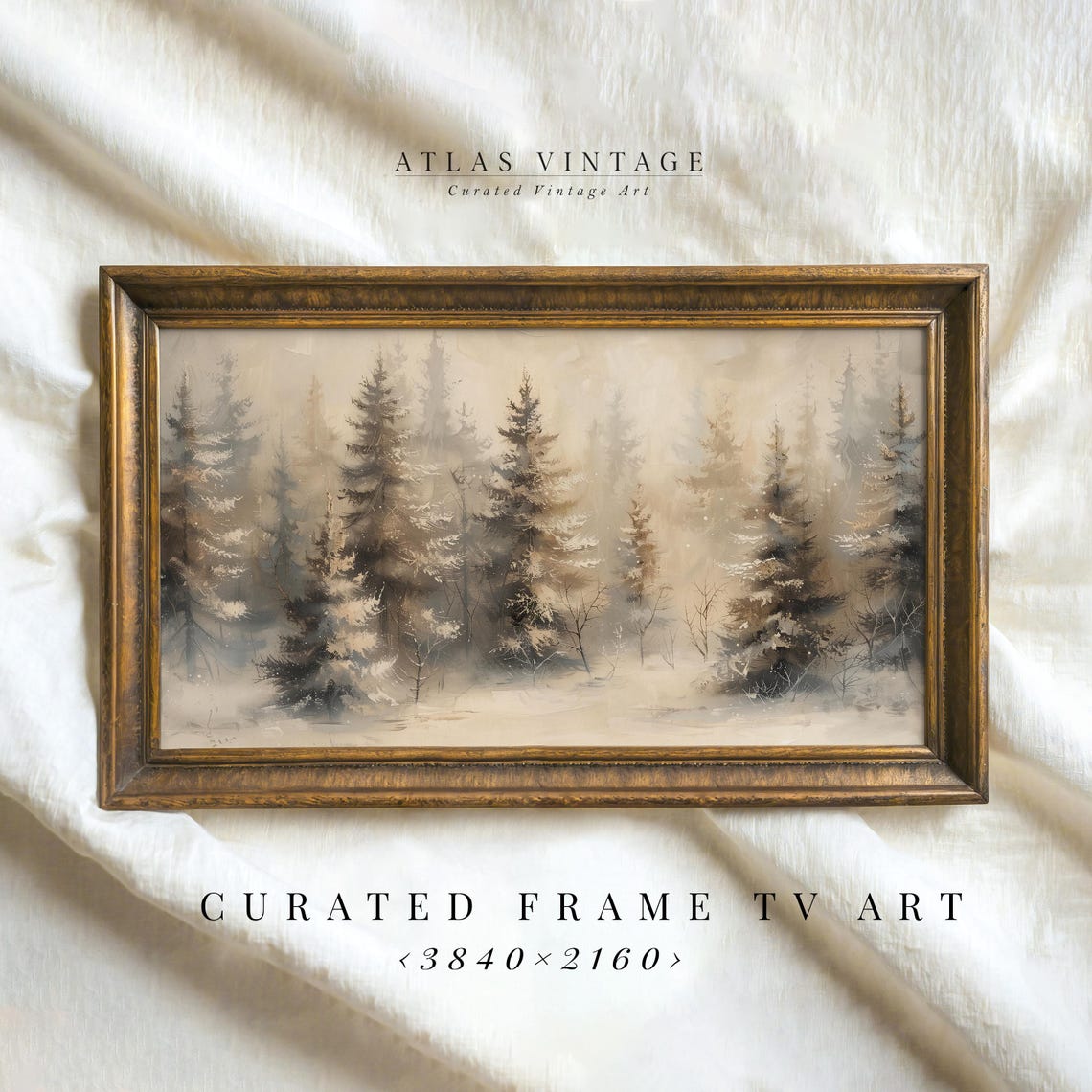 Misty Snow Covered Pine Forest in Soft Winter Light Vintage Poster