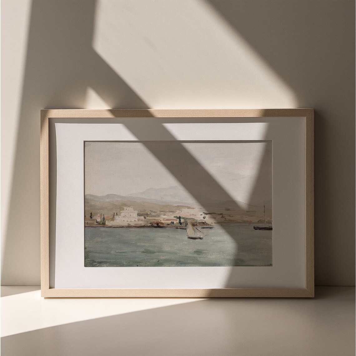 Muted Vintage Seascape Poster Sailboat Coastal Harbor Painting - Image 5