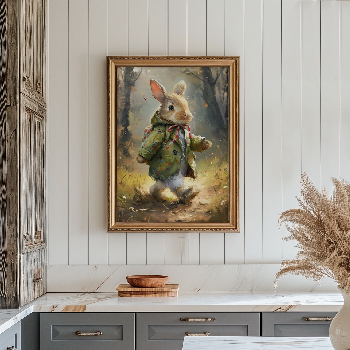 Cute Hiking Easter Bunny Print Vintage Spring Rabbit Wall Art Nursery Kids Room Dcor Antique Bunny Painting - Image 6