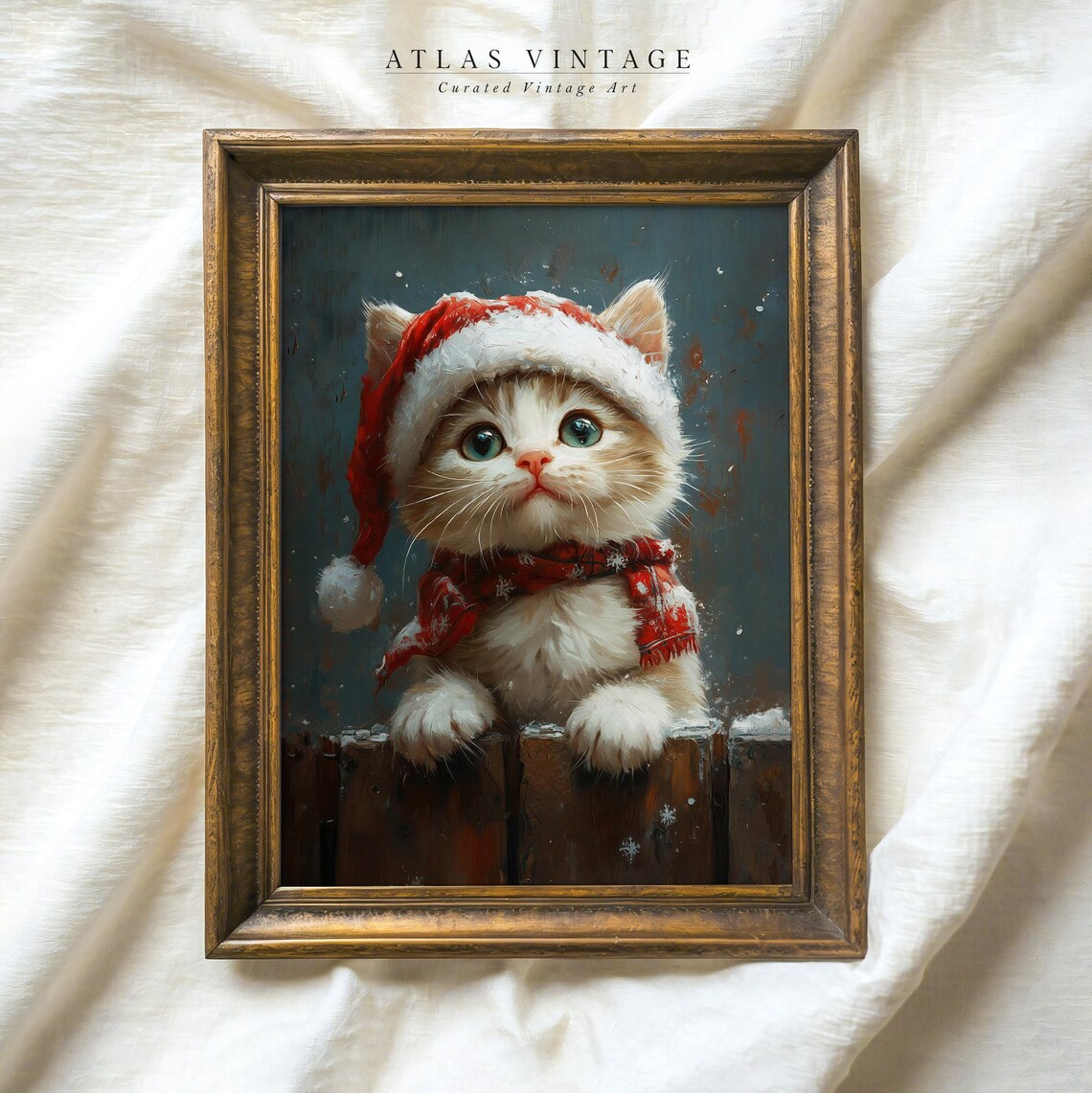 Baby Kitten in Santa Hat Cute Christmas Cat Oil Painting Poster