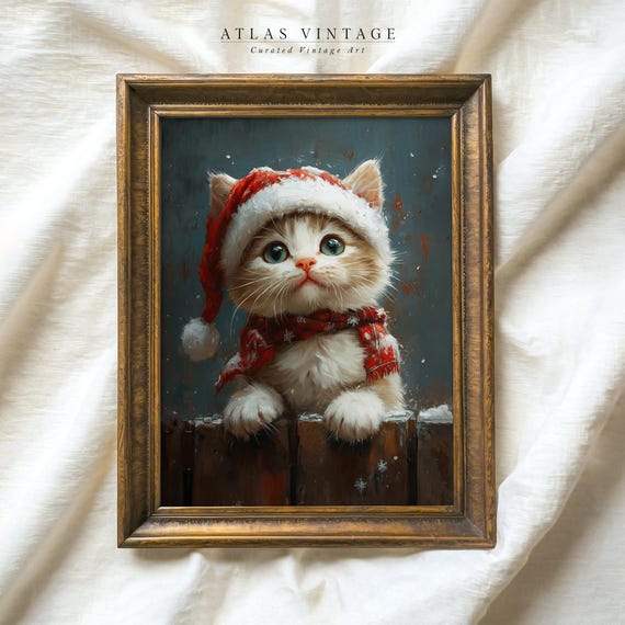 Cute Kitten In Santa Hat Painting Christmas Print Vintage Baby Cat Oil Painting Xmas Wall Decor Nursery Wall Art Prints