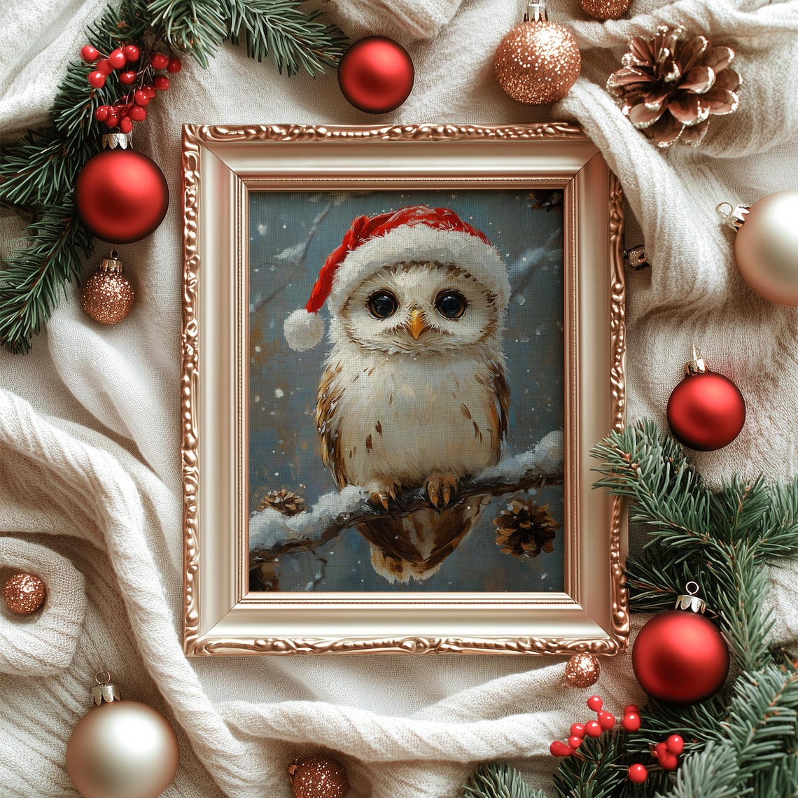 Cute Owl Santa Hat Winter Painting Snowy Christmas Bird Poster - Image 6