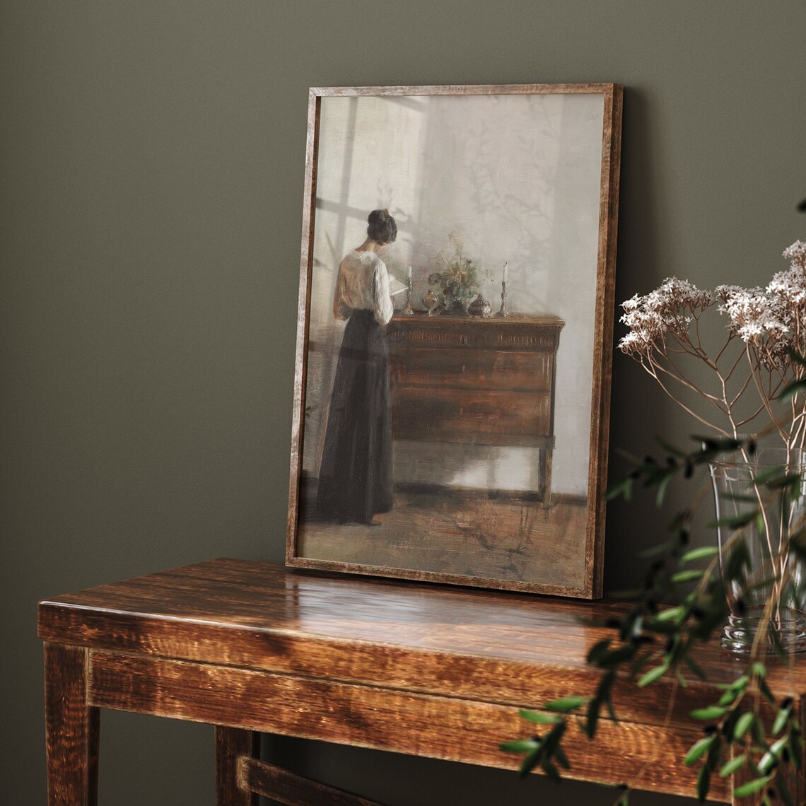 Woman Reading Letter at Antique Sideboard Vintage Interior Poster - Image 7