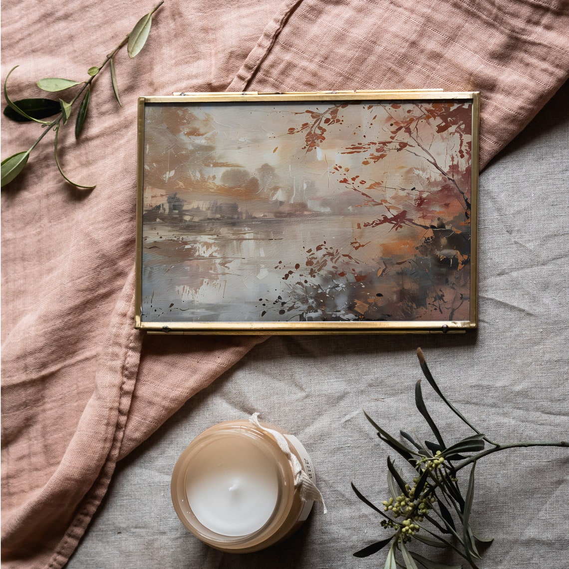 Misty Autumn Lake Red Foliage Watercolor Fall Landscape Poster - Image 3