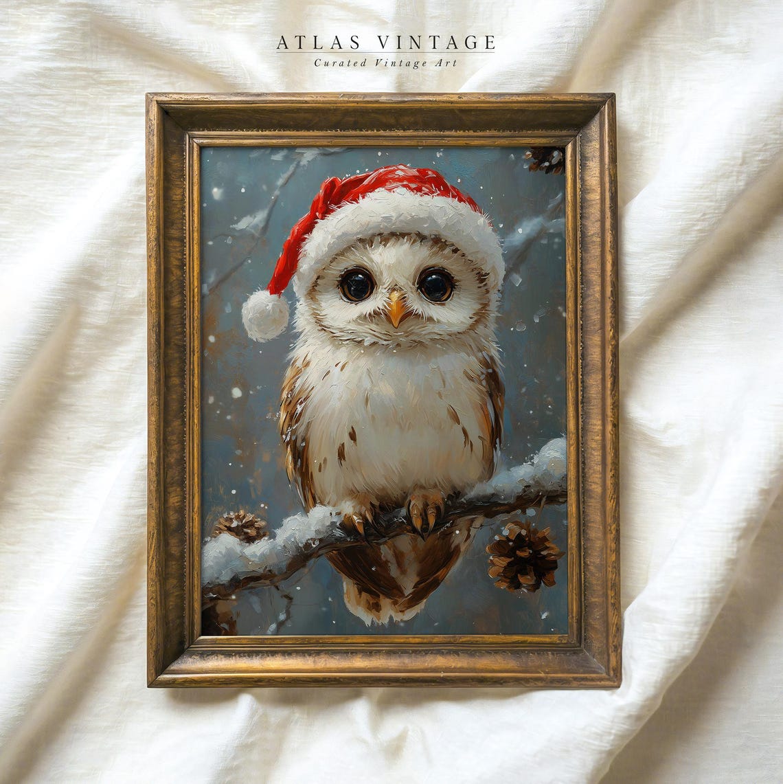 Cute Owl Santa Hat Winter Painting Snowy Christmas Bird Poster