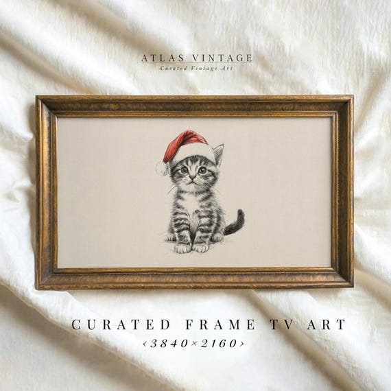 Kitten In Santa Hat Sketch Frame Tv Art Cute Baby Cat Drawing Frame Tv Neutral Christmas Decor Vintage Animal Nursery Screensaver