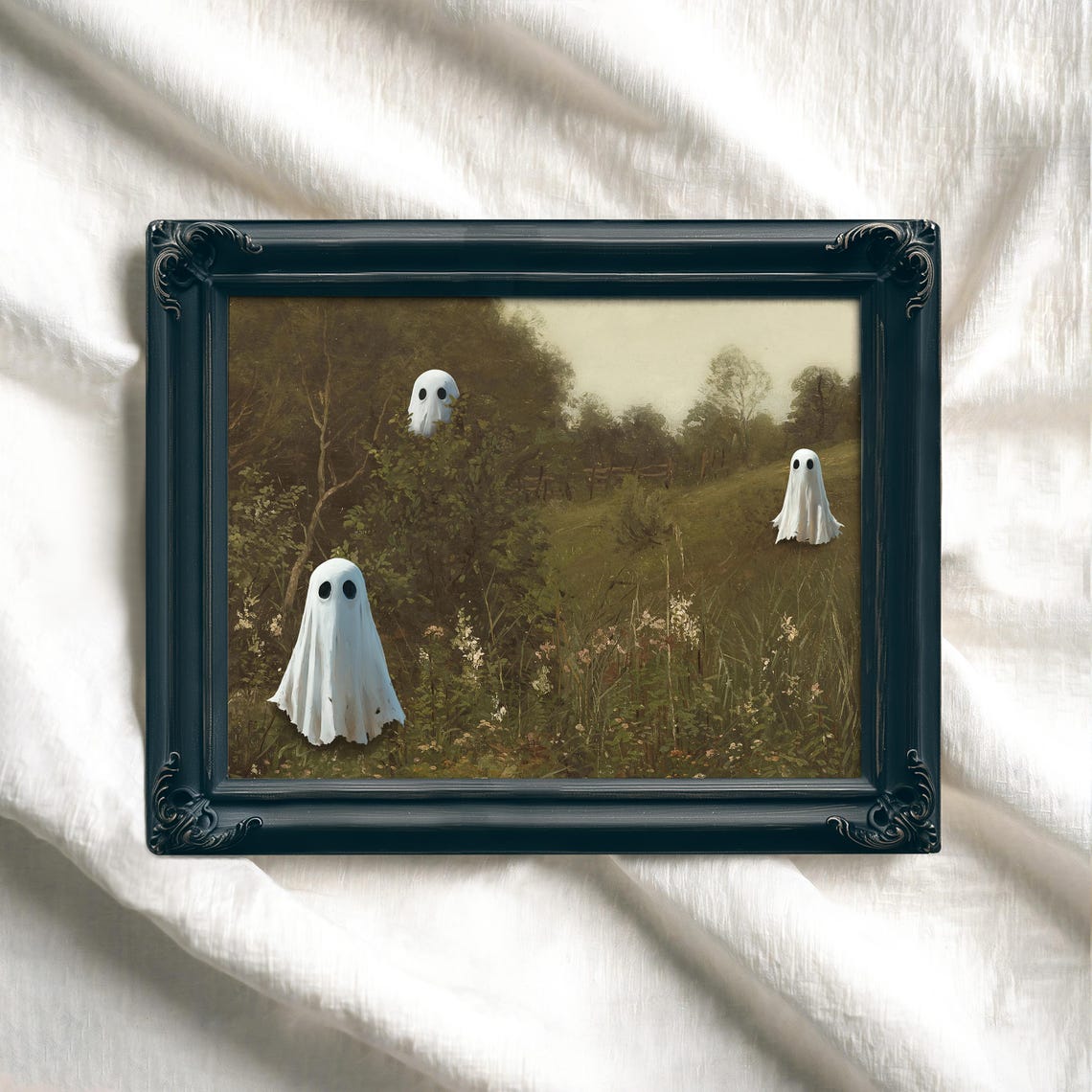 Three Cute Ghosts in Dark Moody Forest Meadow Vintage Halloween Poster - Image 4