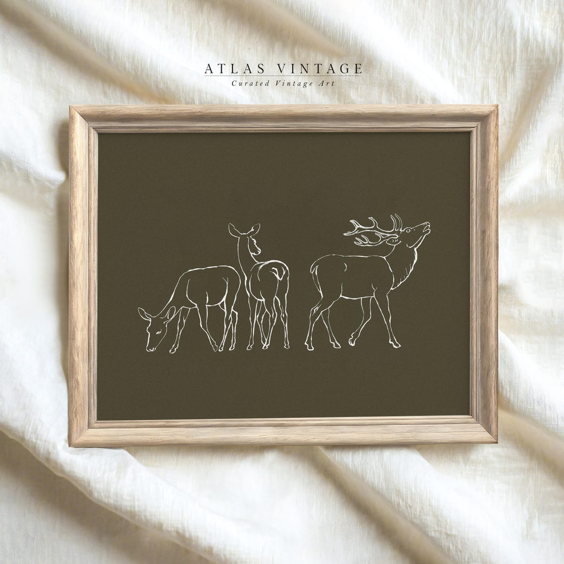 White Line Deer Drawing on Olive Vintage Minimalist Stag Art Poster - Image 5