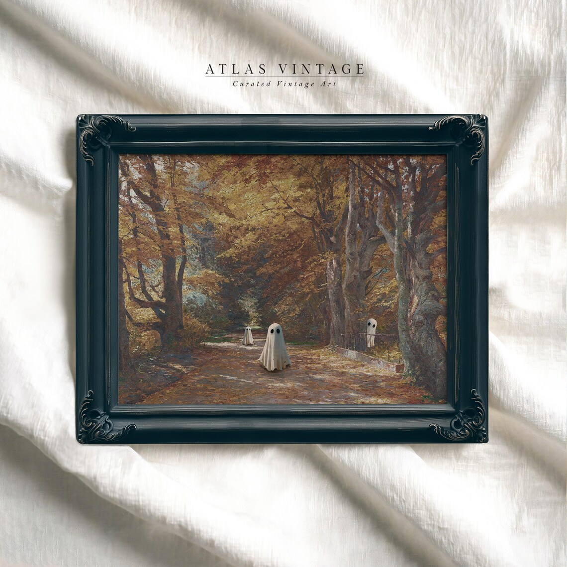 Friendly Ghosts Leaf Strewn Autumn Road Golden Forest Halloween Art Poster - Image 2