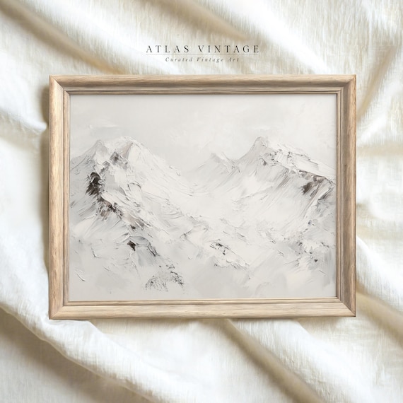 White Snowy Mountain Peaks Minimalist Winter Landscape Painting Wall Art