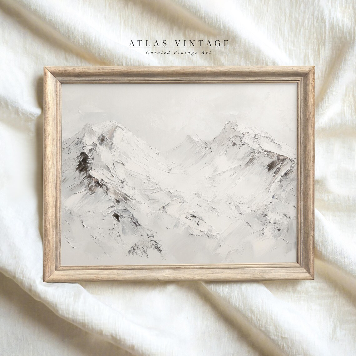White Snowy Mountain Peaks Minimalist Winter Landscape Painting Wall Art