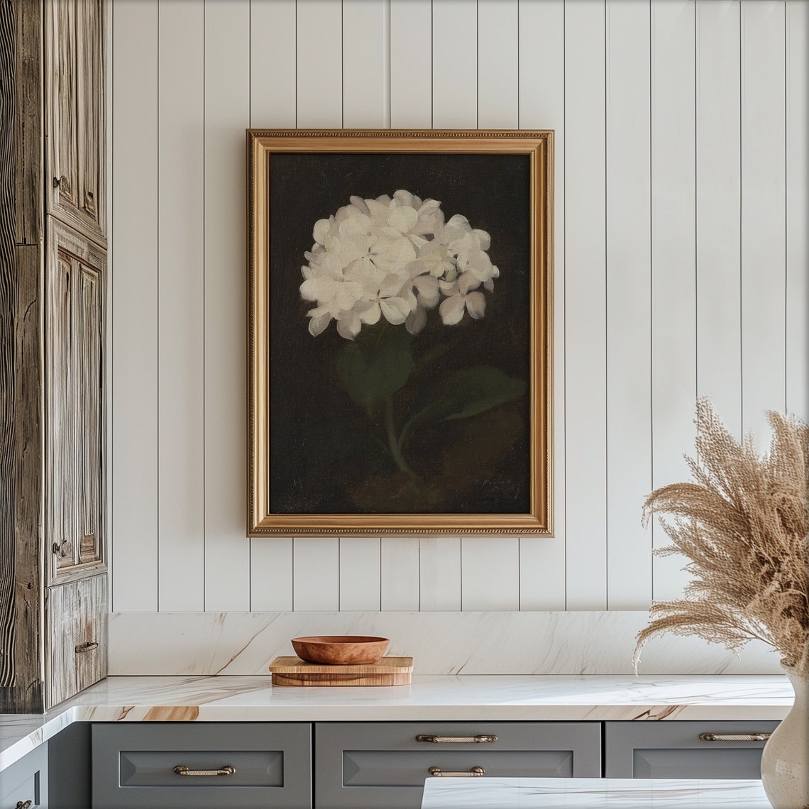 Moody White Hydrangea Bloom on Black Botanical Painting Poster - Image 4