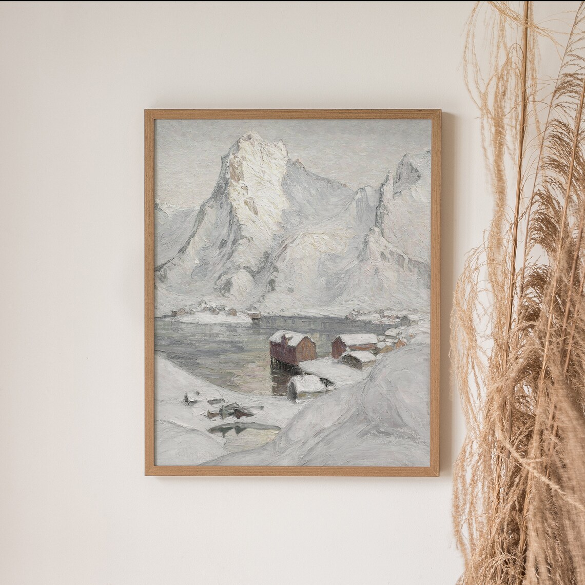 Vintage Snowy Mountain Cabins Winter Lake Antique Painting Poster - Image 5