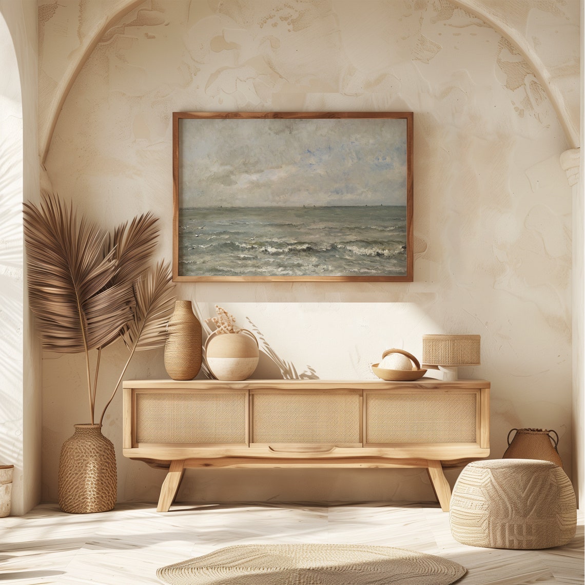 Gray Ocean Seascape With Gulls And Distant Sails Cloudy Sky Poster - Image 6