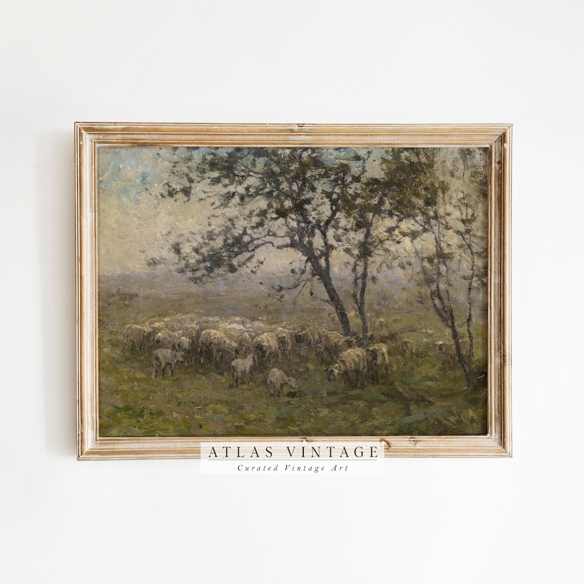 Sheep Flock in Misty Meadow Vintage Pastoral Painting Rustic Wall Art