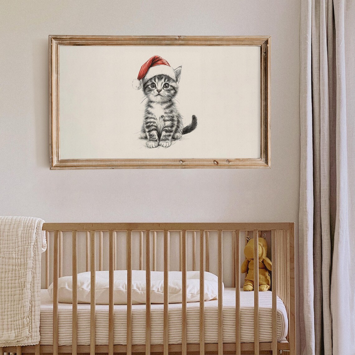 Kitten Sketch Wearing Santa Hat Neutral Beige Holiday Poster - Image 5