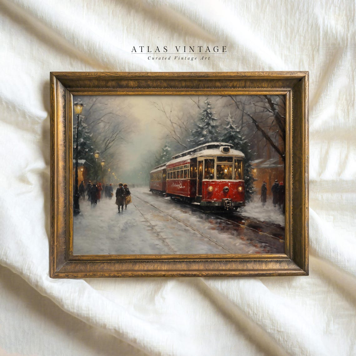 Vintage Red Tram Gliding Through Snowy Winter Street Painting Poster